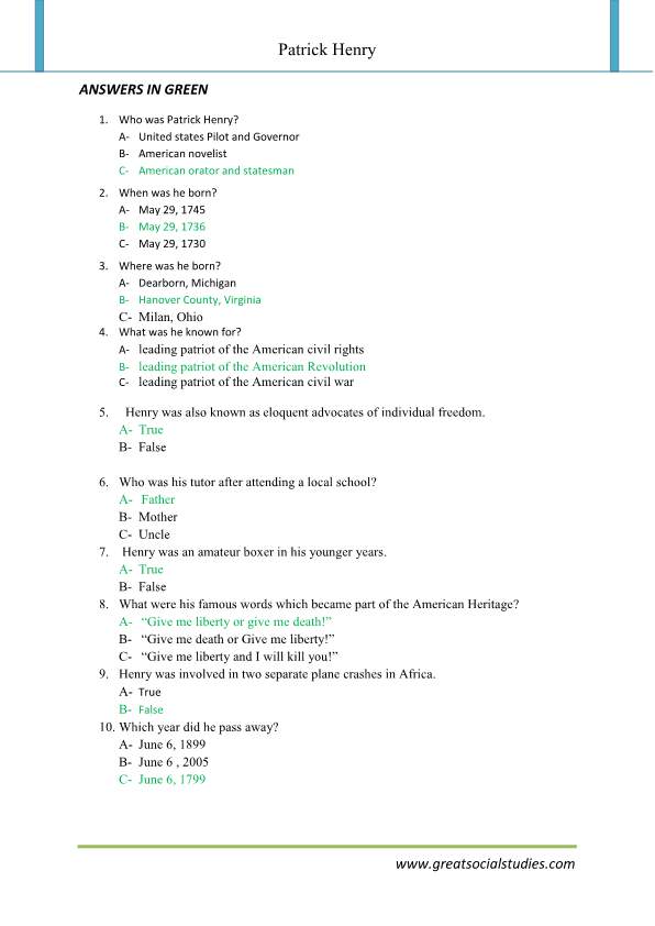 Patrick henry biography, Patrick henry quotes, printable worksheets